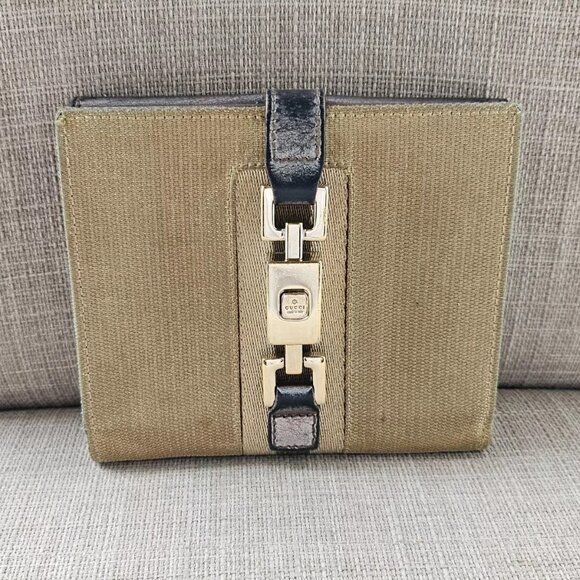 Vintage Gucci Wallet JACKIE Bifold Gold Tone Gray Metallic Leather Made in Italy